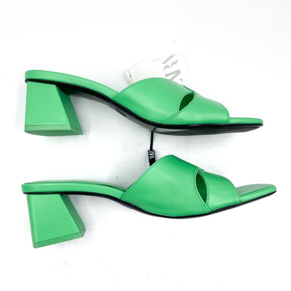 Zara‎ Sandals Green Criss Cross Mules Square Toe Block Heel Sz 40 / 9.5 - Picture 3 of 8